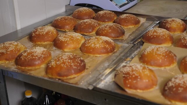Lots of freshly prepared burger buns in the kitchen of a restaurant or bakery. The burger buns are topped with sesame seeds and have a delightful crunchy exterior.
