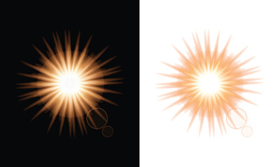 Fototapeta premium Golden starburst flares with lens flares are displayed against black and white backgrounds flare lensflare radiance illumination sparkle glimmer radiant
