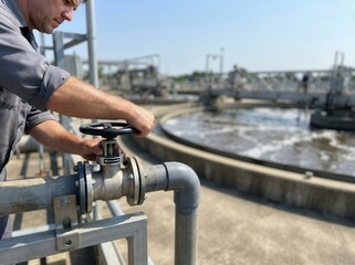 Fototapeta premium Engineer Operating Industrial Valve at Water Treatment Plant