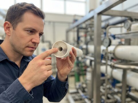 Engineer Inspecting Advanced Ceramic Membrane Filtration Technology for Industrial Water Purification and Chemical Processing Systems in Lab