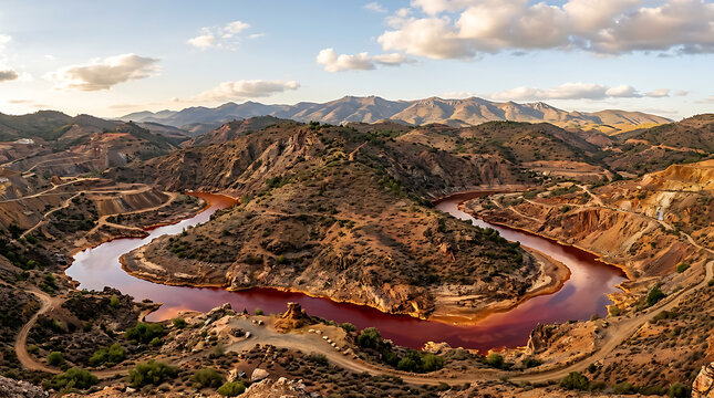 Winding river through rugged mountain landscape.