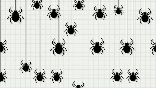 Seamless pattern with many black spiders hanging on thin silk threads for halloween decoration
