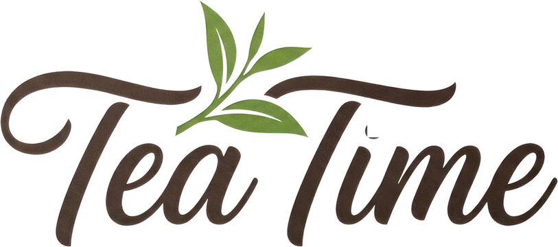 Tea Time typography with green tea leaves icon.