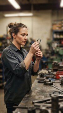 Machinist meticulously inspects a small rubber seal component within the rustic atmosphere of a professional industrial machine workshop