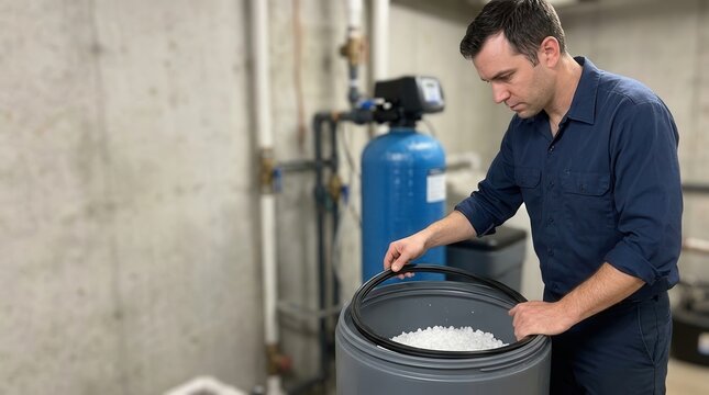 Plumber Performing Maintenance on Residential Water Softener System in Basement Setting