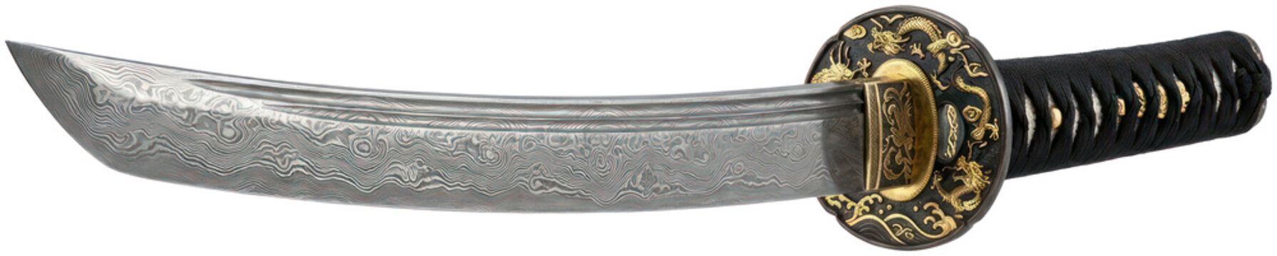 Traditional Japanese katana sword with damascus steel blade