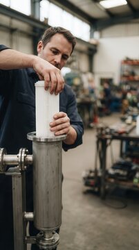 Technician Performing Precision Maintenance on Industrial Filtration Machinery