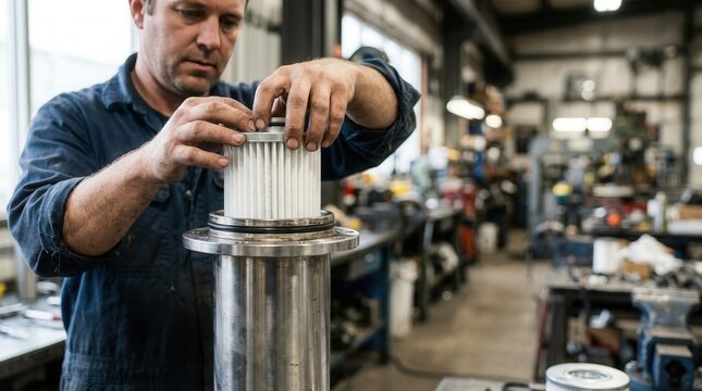 Mechanic Performing Precision Maintenance on Industrial Machinery Filter Element