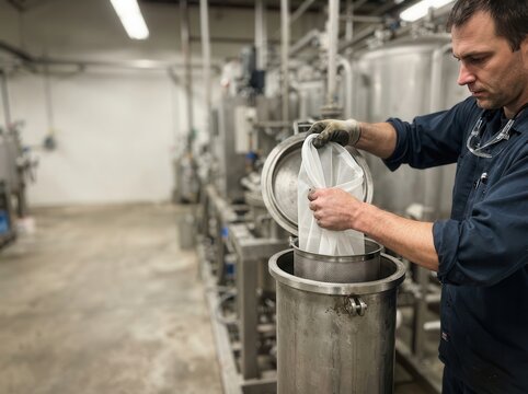Brewer Operating Industrial Filtration System for Craft Beverage Production in a Sterile Stainless Steel Facility Environment