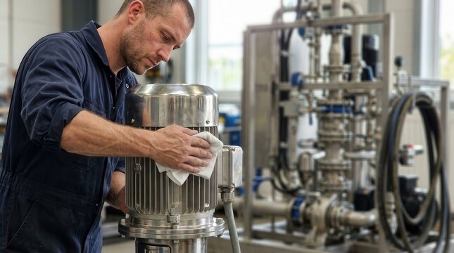 Industrial Technician Carefully Cleaning and Maintaining Precision Machinery in a Modern Manufacturing Facility