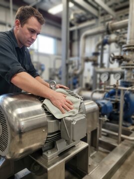 A Diligent Industrial Technician Carefully Cleaning and Maintaining Heavy Machinery Equipment in a Modern Manufacturing Facility