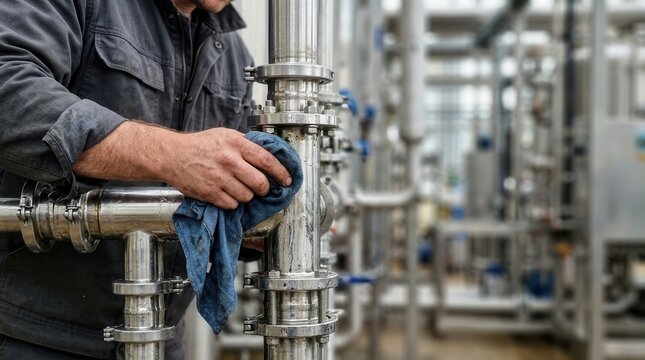 Industrial Maintenance Expert Polishing Stainless Steel Piping Systems in a Modern Manufacturing Facility