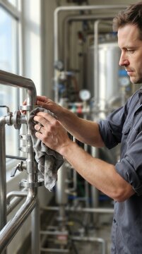 A Diligent Technician Meticulously Polishing Stainless Steel Industrial Piping Systems