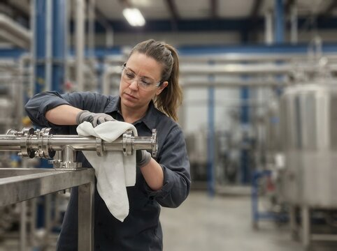 A Diligent Female Technician Meticulously Polishing Stainless Steel Industrial Piping Systems in a Clean Modern Manufacturing Facility