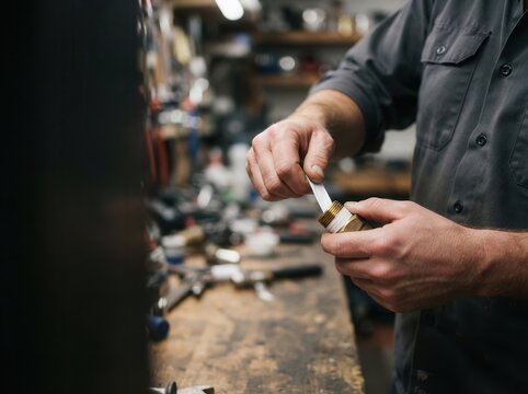 Plumber Applying Teflon Tape to Brass Pipe Fitting in a Detailed Workshop Setting