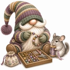 Fototapeta premium Whimsical Gnome Crafts Beads with Adorable Mouse Companion