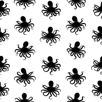 Seamless pattern background of black octopus silhouettes