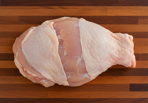 Raw chicken breast and thigh on wooden board