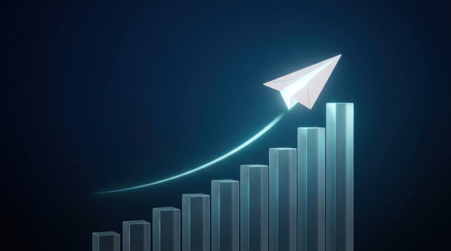 Paper airplane soaring above rising financial bar chart graph