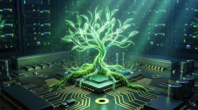 Glowing green digital tree growing on computer motherboard processor