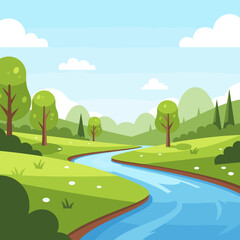 Fototapeta premium Winding River Through a Sunny Green Meadow and Hills