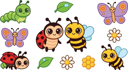 Obraz premium Cute cartoon garden insects set with ladybug bee butterfly caterpillar flowers and leaves collection on white background