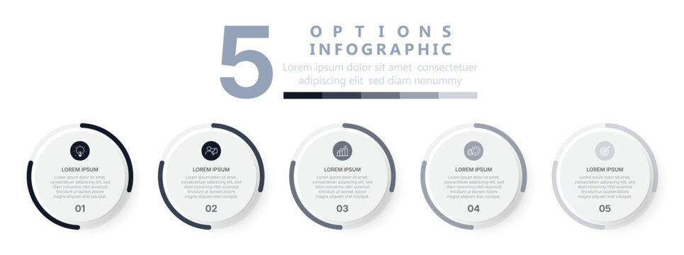 5 Options Business Infographic Template with Circular Steps, Icons and Modern Minimal Process Layout for Presentation and Workflow