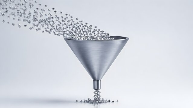 Silver metal spheres pouring into a steel funnel. Concept of lead generation filtering, data sorting process, and business optimization.