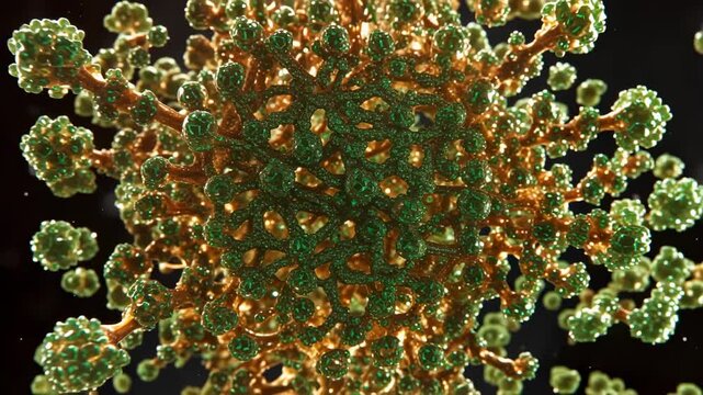 Green and gold molecular structures with spherical components and intricate connections, showcasing detailed progression of molecular interactions in a dark background environment