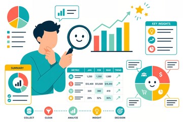Fototapeta premium Man using magnifying glass to analyze data charts and financial metrics dashboard