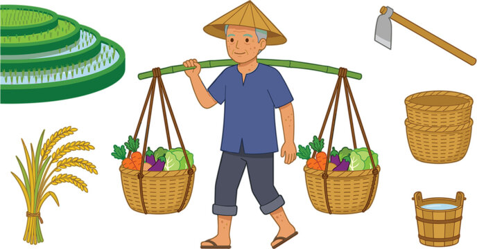 Asian farmer carrying vegetable baskets with shoulder pole near rice terraces fields vector collection isolated on white background
