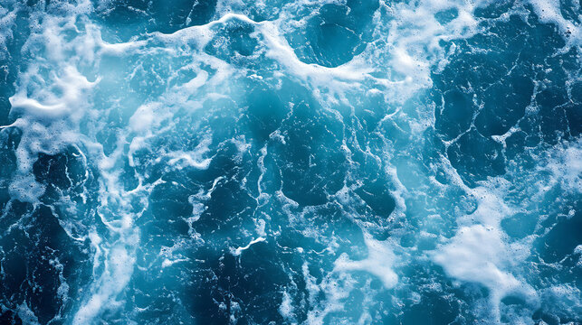 Closeup turbulent ocean water with white foam, blue tones, and dynamic natural movement.