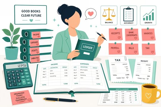Female bookkeeper working on accounting journal ledger at office desk