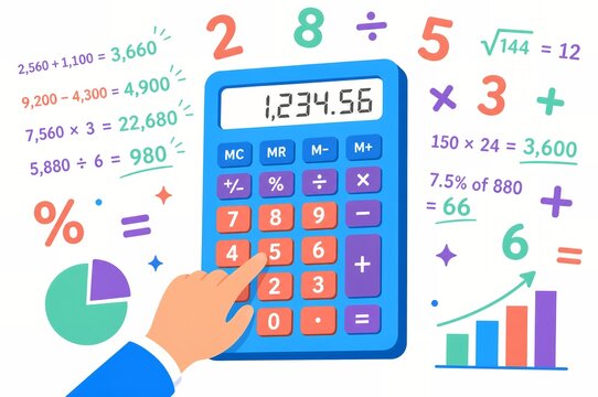 Hand pressing buttons on a blue electronic calculator for math equations