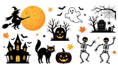 Halloween decorative collection with witch hat pumpkins ghosts bats cats moon and haunted house silhouettes