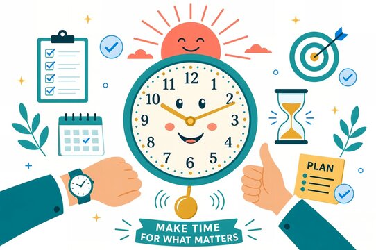 Hands tracking deadlines and scheduling productivity tasks with time management clock