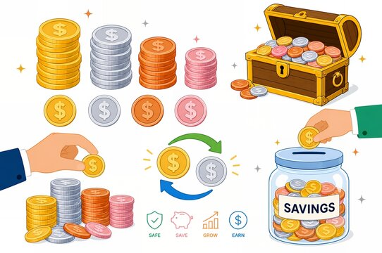 Financial savings and currency exchange elements set with cash jar and treasure chest