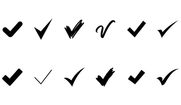 Hand drawn check mark symbol collection with bold and thin strokes for approval selection and checklist designs