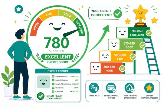 Man looking at excellent credit score rating meter and financial growth ladder