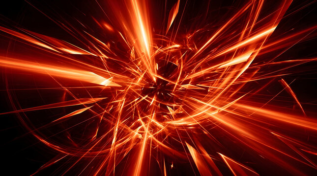 Explosive orange light beams on black background, dynamic abstract energy lines, futuristic sci-fi background