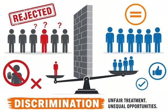 Social discrimination infographic showing unfair treatment and unequal opportunities
