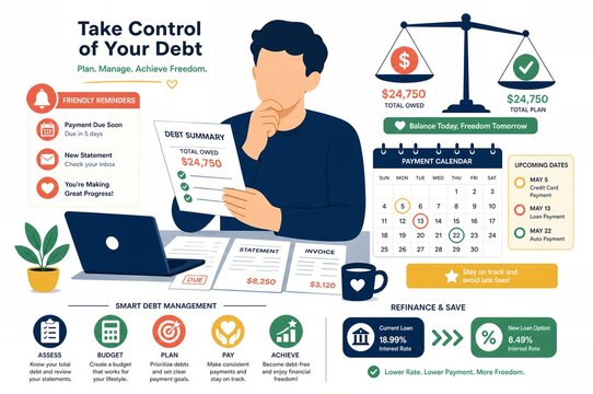Pensive man managing personal debt summary layout for financial freedom