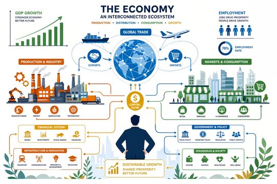 Macroeconomics infographic map with corporate leader analyzing the global economic ecosystem