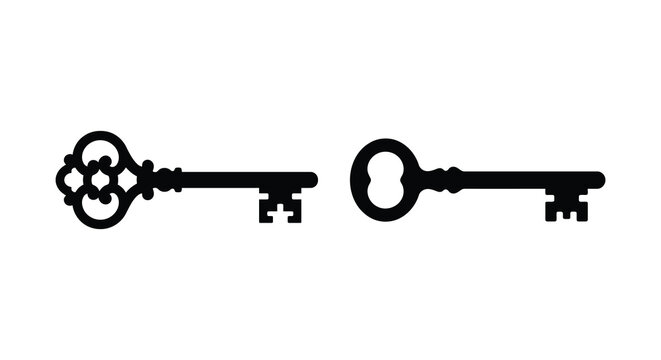 Two antique keys with ornate bows are displayed as a black silhouette on a white background