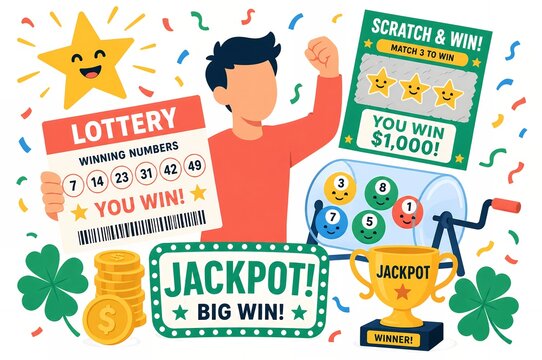 Excited young man celebrating a big lottery jackpot and scratch card win