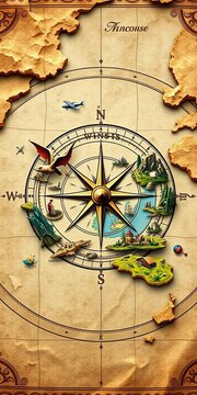 Map with decorative compass and fantasy lands illustrations, illustration, ancient