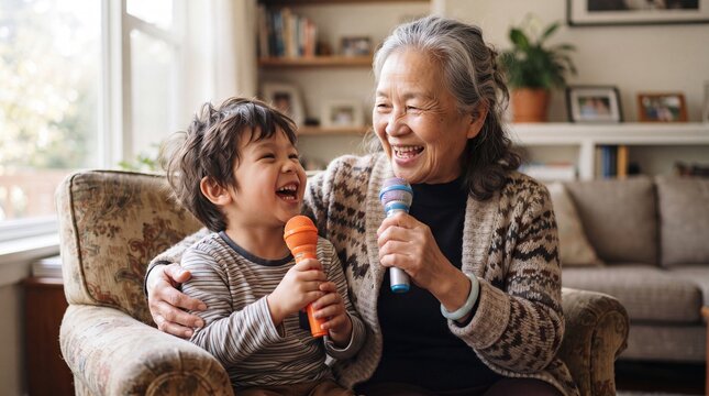 Joyful Grandmother and Grandson Singing Together at Home