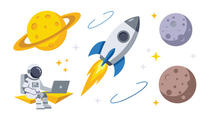 Outer space vector flat cartoon illustration set with flying rocket ship astronaut using laptop planets rings and stars isolated on white background © Ridoy