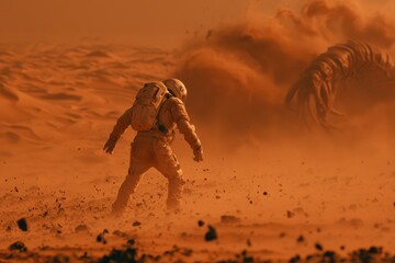 Obraz premium Astronaut facing giant alien worm creature on dusty red planet