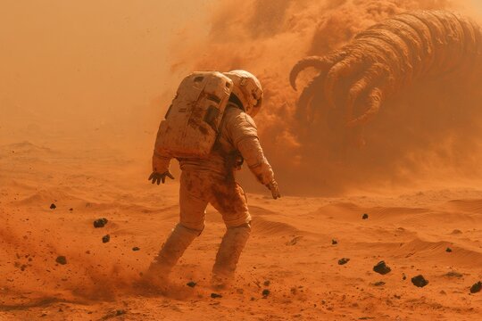 Astronaut facing giant alien sandworm on desert planet